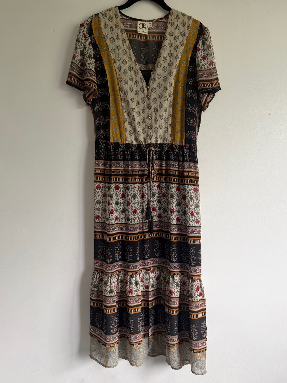Anthropologie Boho Floral Print Midi Dress with V-Neck and Tie Waist